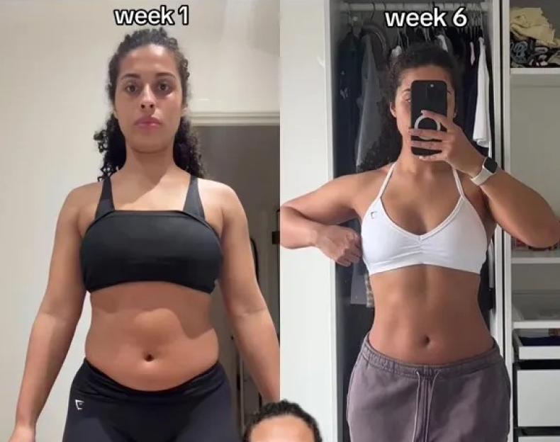 Collage of a woman's weight loss transformation in 6 weeks, with a bottom right overlay of the same woman speaking.