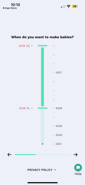 Screenshot of a mobile app asking "When do you want to make babies?" with a vertical slider set between 2026 and 2028.