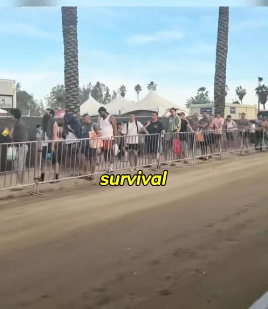 People standing in a line behind a barrier under a bright sky with palm trees and tents in the background.