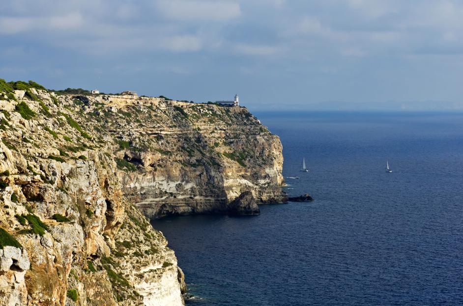 Coastal cliffs with a lighthouse at Cabo Blanco, Tolleric, Majorca, Balearic Islands, Spain