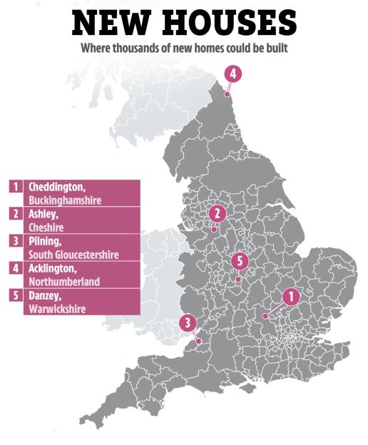 Illustration of a map of the UK showing locations where thousands of new homes could be built: Cheddington (Buckinghamshire), Ashley (Cheshire), Pilning (South Gloucestershire), Acklington (Northumberland), and Danzey (Warwickshire).
