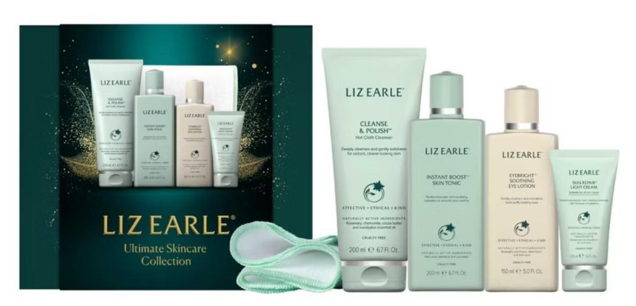 Liz Earle Ultimate Skincare Collection gift set, featuring cleanser, toner, eye lotion, and skin repair light cream.