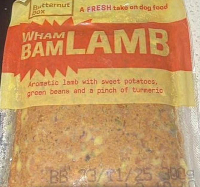 Package of "WHAM BAM LAMB" dog food.