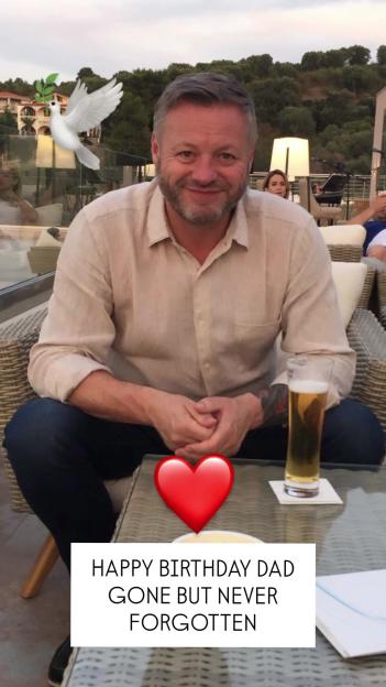 Kirk Norcross's father Mick, with a superimposed dove, heart emoji, and a message.