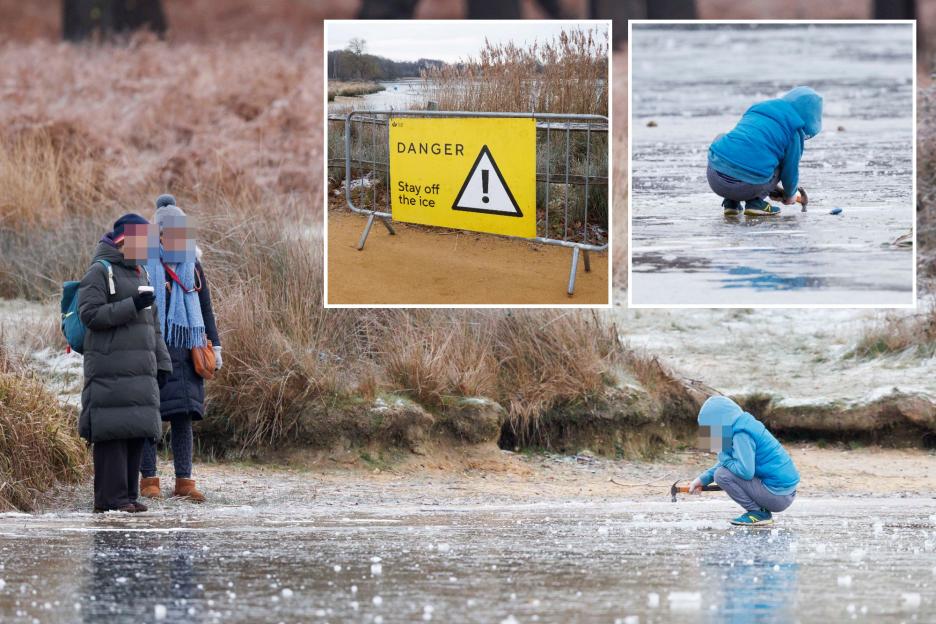 'Watch as Young Boy Crafts on a Frozen Lake While Adults Safely Observe from the Shore!'