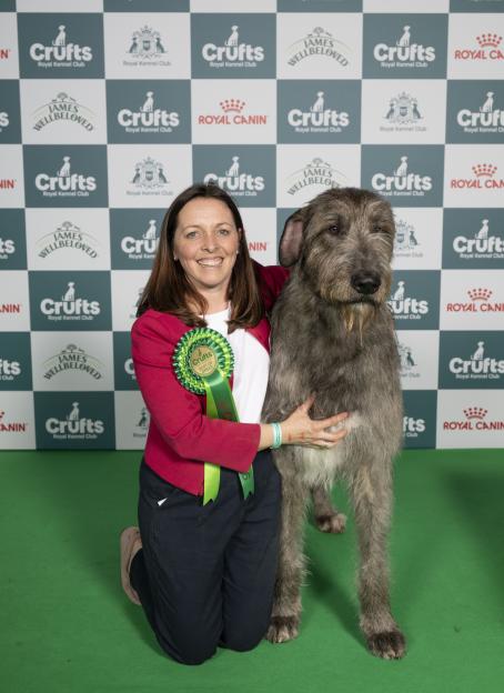 Laura Barclay with Murphy, an Irish Wolfhound, winner of Best of Breed at Crufts.