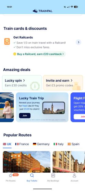 Screenshot of the Trainpal app displaying train cards and discounts, amazing deals, and popular routes.