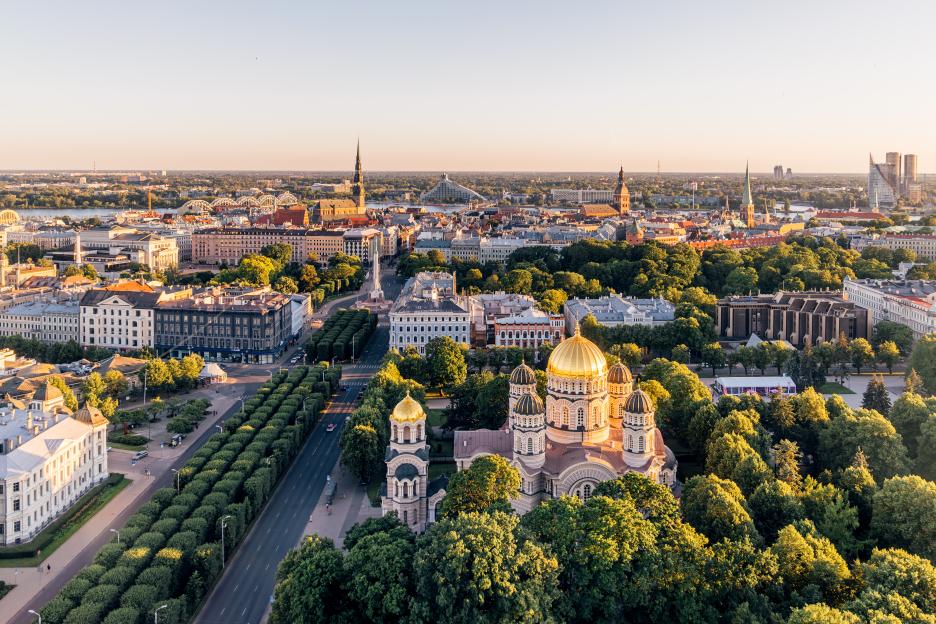 Aerial view of Riga, Latvia, showcasing the Nativity of Christ Cathedral.