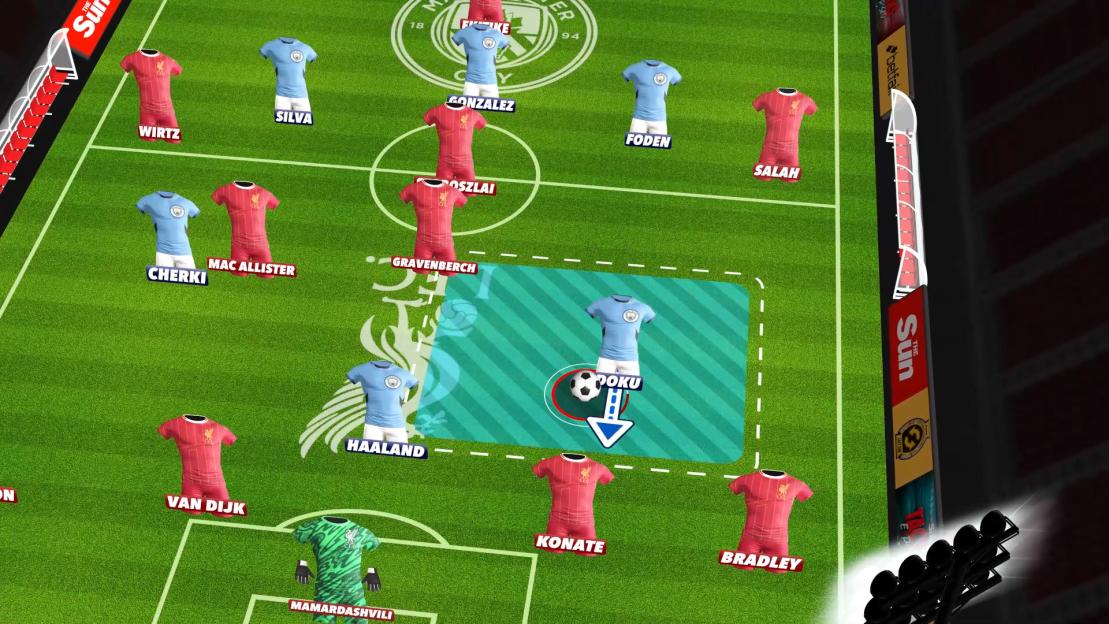 Illustration of two soccer teams, Liverpool in red and Manchester City in light blue, arranged in a tactical graphic on a green soccer field.