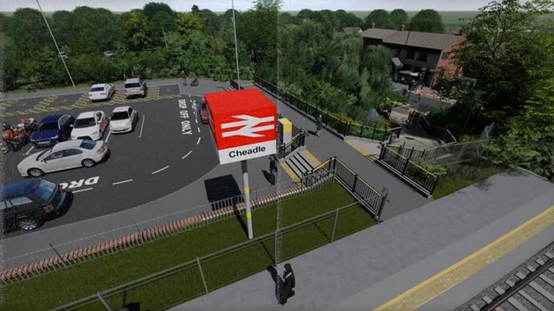 Illustration of the planned Cheadle railway station with a car park, building, and platform.