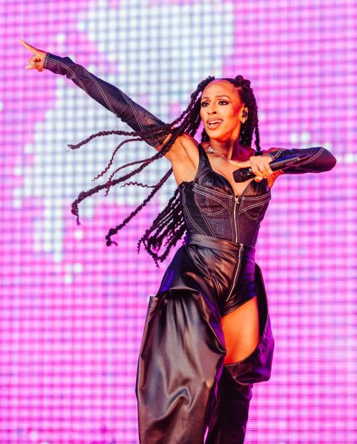 Alexandra Burke performs at Mighty Hoopla in Brockwell Park, London.
