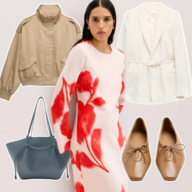 Collage of a woman in a floral dress, a tan bomber jacket, a white blazer, a teal handbag, and tan ballet flats.
