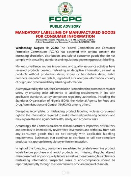 FCCPC Issues Recall for Products with Deceptive Labels