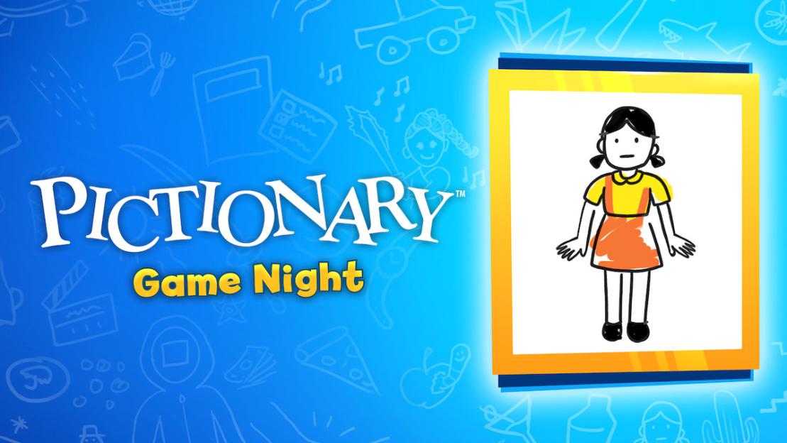 Illustration of the Pictionary logo and the words "Game Night" with a drawing of a girl in a yellow shirt and orange dress.