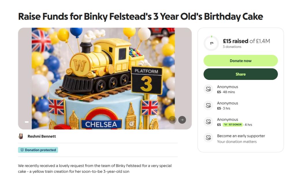 Illustration of a train-themed birthday cake with British flags on a GoFundMe page.