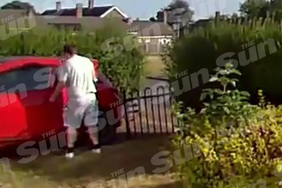 Footage of a man in a white t-shirt and shorts near a red car, labeled as a suspect in Ann Widdecombe's arrest.