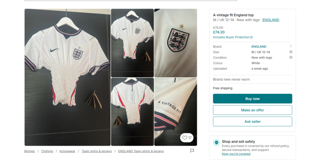 A collage of five images showing a "vintage fit" England football top, made into a shirred cropped top, advertised for sale on Vinted.