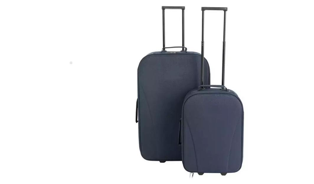 Two blue 2-wheeled soft luggage pieces, one large and one small.