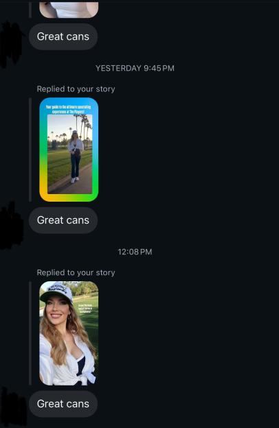 A chat conversation showing three instances of a user replying "Great cans" to someone's story.