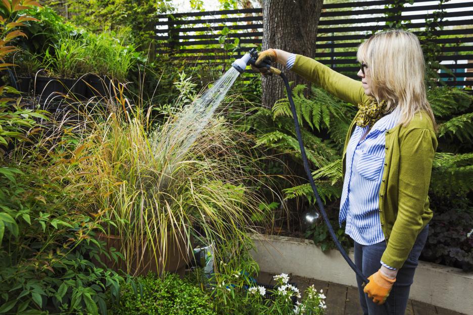 A mature woman wearing sunglasses and gardening gloves waters plants in a garden.