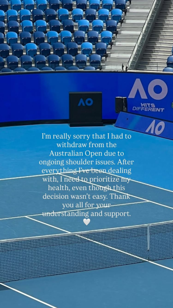 An apology from a tennis player for withdrawing from the Australian Open due to shoulder issues, superimposed over an image of a blue tennis court and empty stadium seats.
