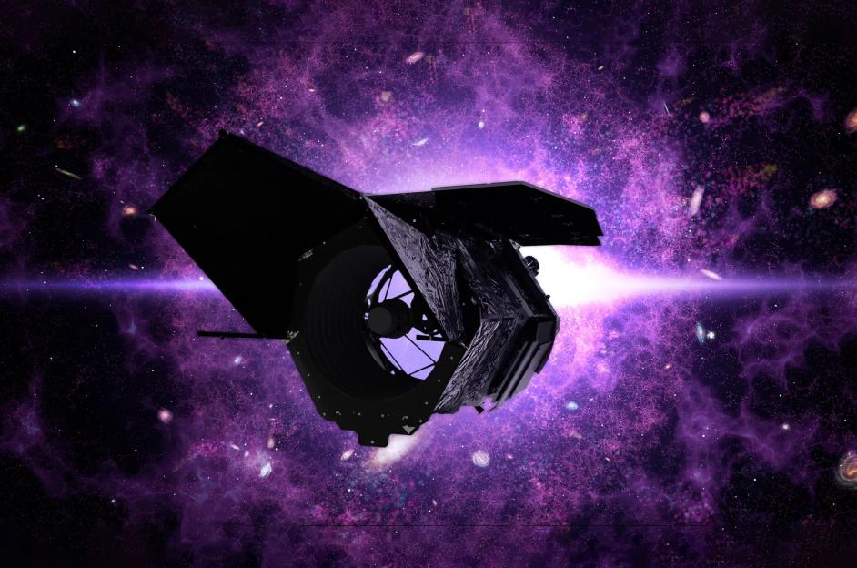 Illustration of the Nancy Grace Roman Space Telescope in space against a purple cosmic background.