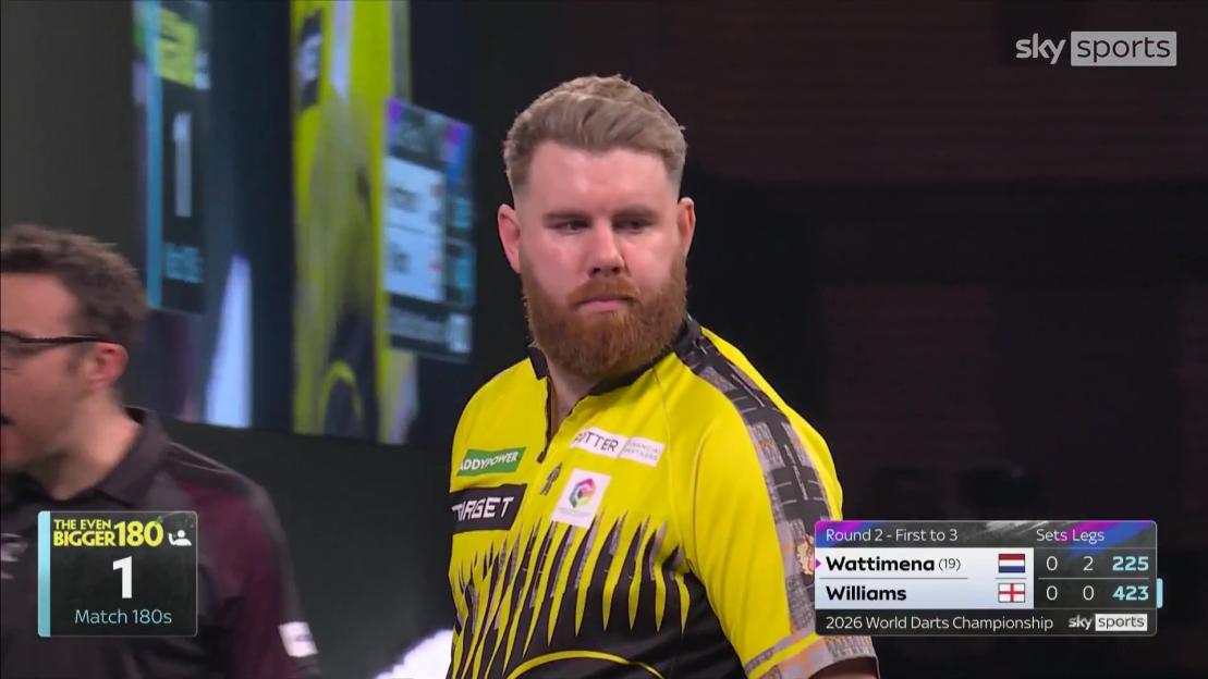 A darts player in a yellow and black shirt looks toward the dartboard, with a score overlay at the bottom right indicating a "2026 World Darts Championship" match between Wattimena and Williams.