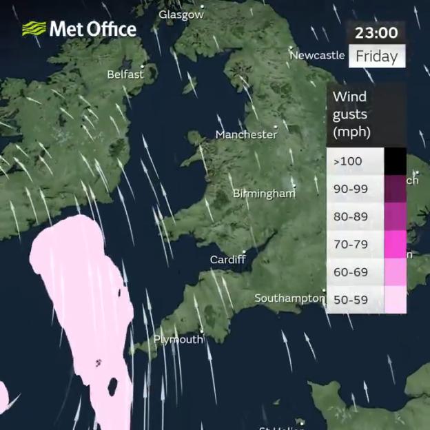 Illustration of a wind gust forecast for the UK and Ireland with a legend showing wind speeds from 50 to over 100 mph.