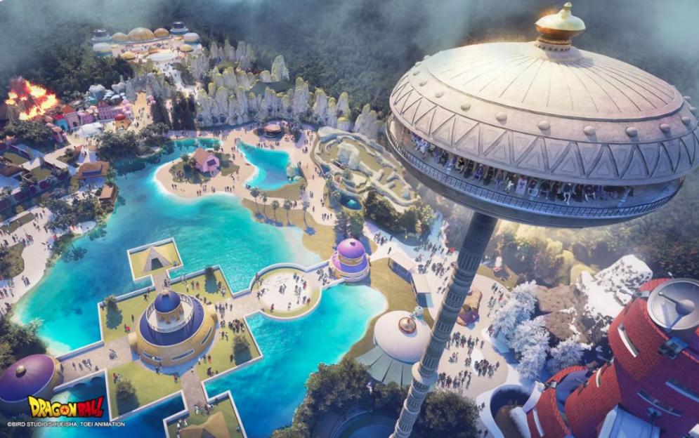 Illustration of a Dragon Ball theme park with a large observation deck, bodies of water, and various buildings.