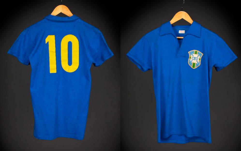 Collage of Pelé's match-worn, number 10 Brazil soccer shirt from the 1958 World Cup final.