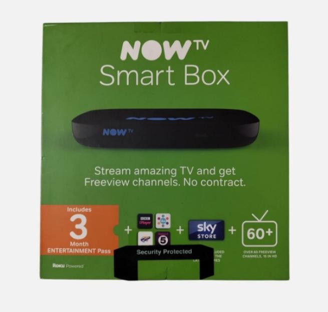 Now TV Smart Box packaging, featuring the streaming device, "3 Month Entertainment Pass," and logos for BBC iPlayer, Sky Store, and 60+ Freeview channels.