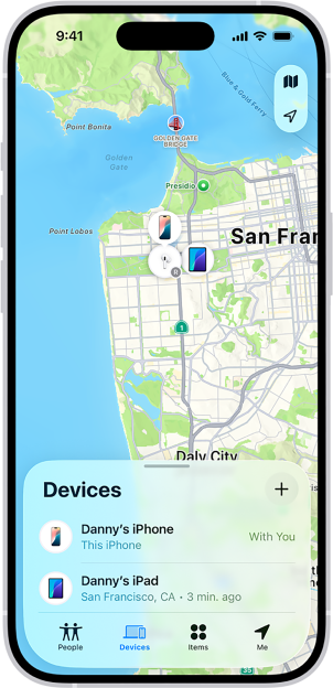 An iPhone displaying the Find My app with a map of San Francisco, showing devices located near the Golden Gate Bridge and a list of devices with their locations.