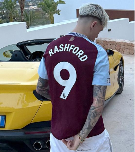 Collage of Alejandro Garnacho wearing an Aston Villa shirt with "Rashford 9" on the back and Manchester United teammates Garnacho and Marcus Rashford on the field.