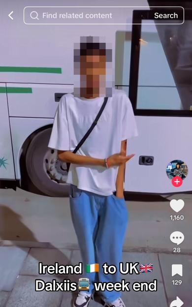 A pixelated person in a white t-shirt and blue pants stands in front of a white bus, with text overlayed that reads "Ireland to UK Dalxiis weekend."