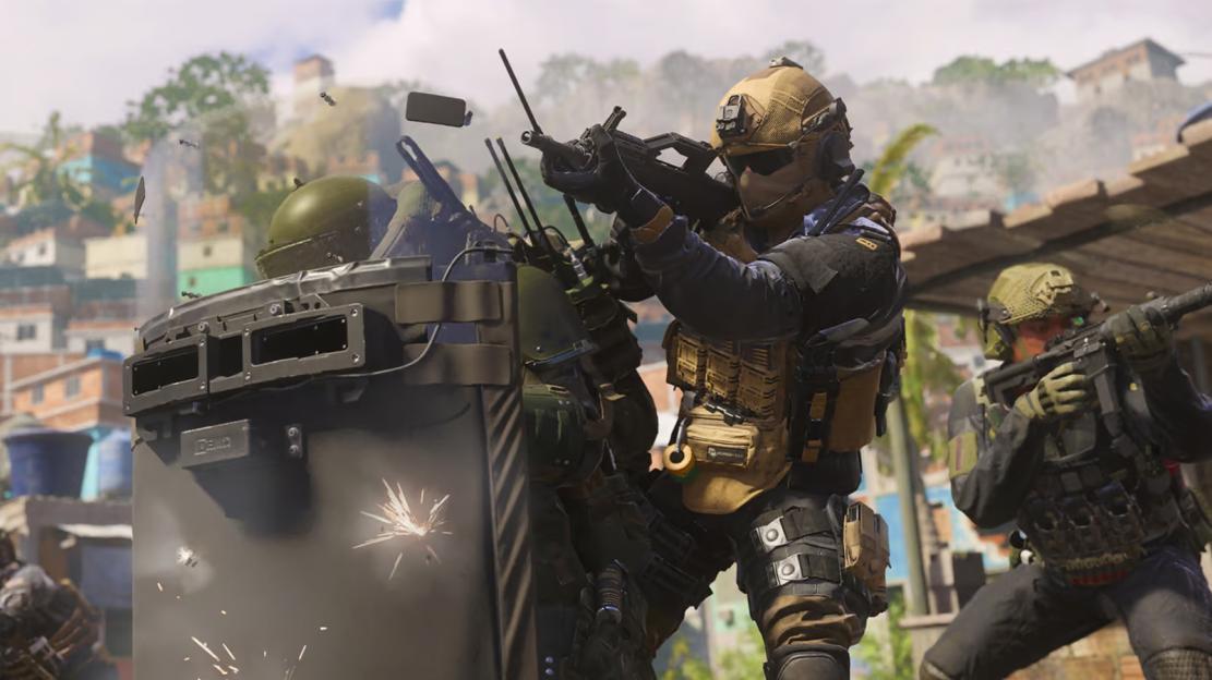 Screenshot from Call of Duty Modern Warfare 3 showing soldiers in a firefight, with one behind a ballistic shield.