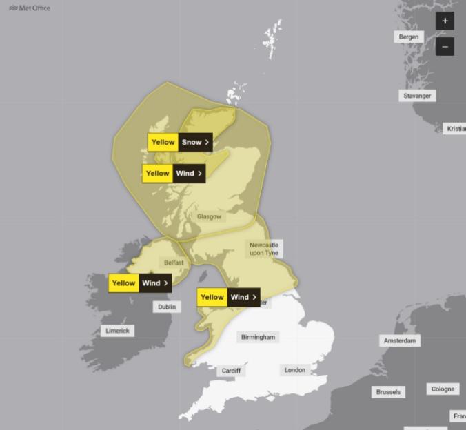 Met Office weather map showing yellow warnings for snow and wind across parts of the UK and Ireland.