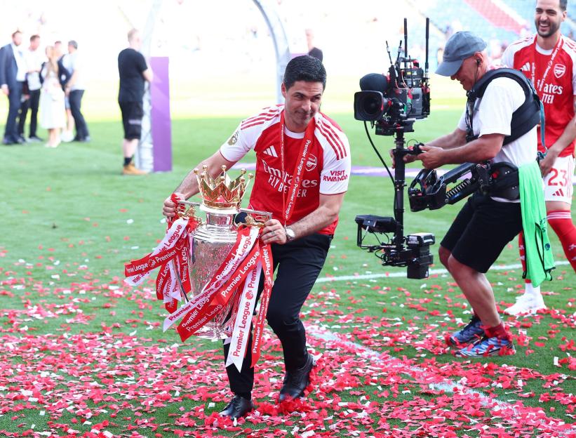London, UK. 24th May, 2026. Mikel Arteta, Manager of Arsenal with the trophy after the Crystal Palace vs Arsenal Premier League match at Selhurst Park, London. Picture credit should read: Paul Terry/Sportimage Credit: Sportimage Ltd/Alamy Live News
