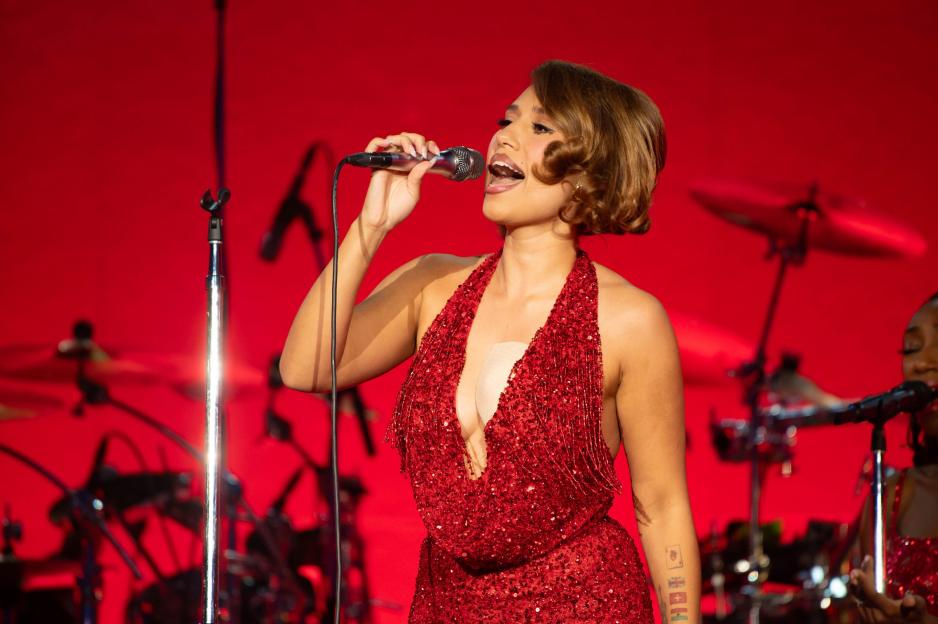 Raye performing at Pride in the Park.