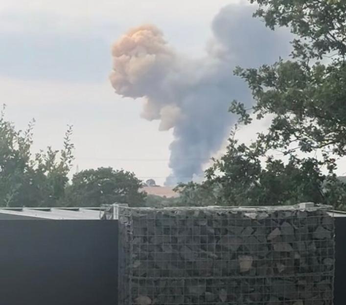 Dark smoke rising from a fire, seen through tree branches.