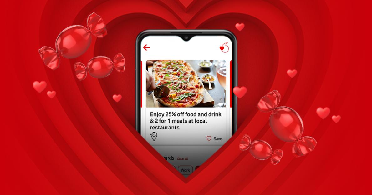 Illustration of a phone displaying a 25% off food and drink deal, surrounded by hearts and candies on a red background.