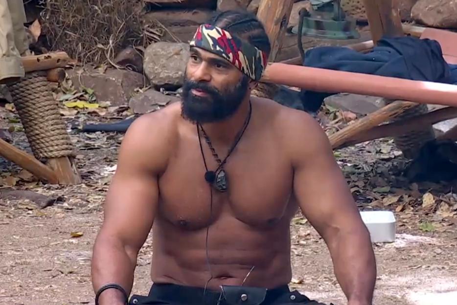 David Haye shirtless and wearing a camouflage bandana on "I'm A Celebrity... Get Me Out Of Here! South Africa"