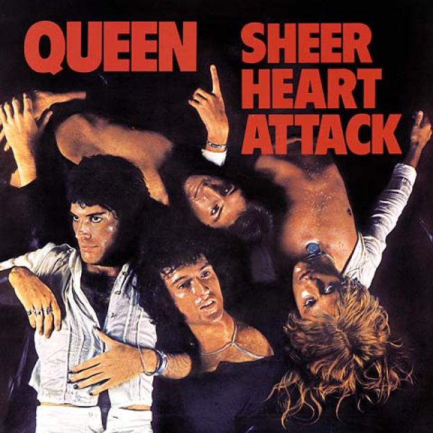 Album cover for Queen's "Sheer Heart Attack" featuring the four band members.
