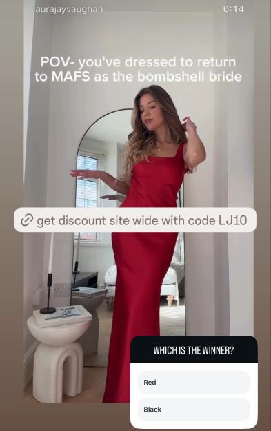 A woman in a red dress is standing in a room, with text overlaid that reads "POV- you've dressed to return to MAFS as the bombshell bride." A clickable link offers a discount code, and a poll asks "WHICH IS THE WINNER?" with options "Red" and "Black."