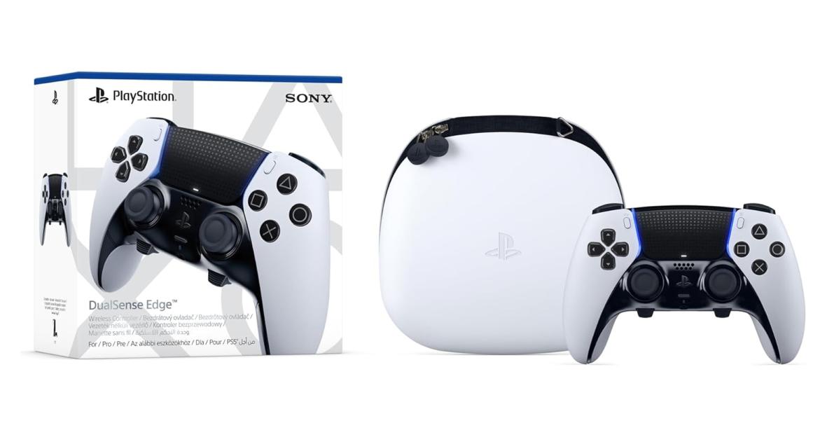 PlayStation DualSense Edge wireless controller, its box, and its carrying case.
