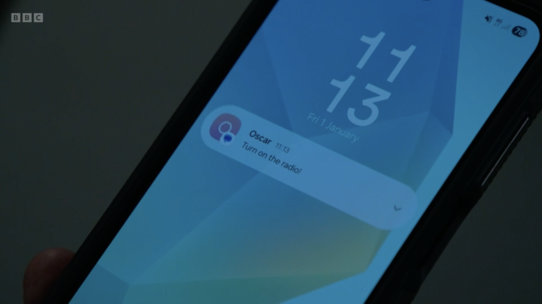 A phone screen displays a notification from "Oscar" that reads "Turn on the radio!"