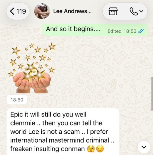 A screenshot of a WhatsApp chat with "Lee Andrews", displaying messages about proving someone is not a scam.