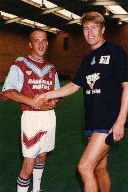 West Ham fan Steve Davies shaking hands with Lee Chapman.