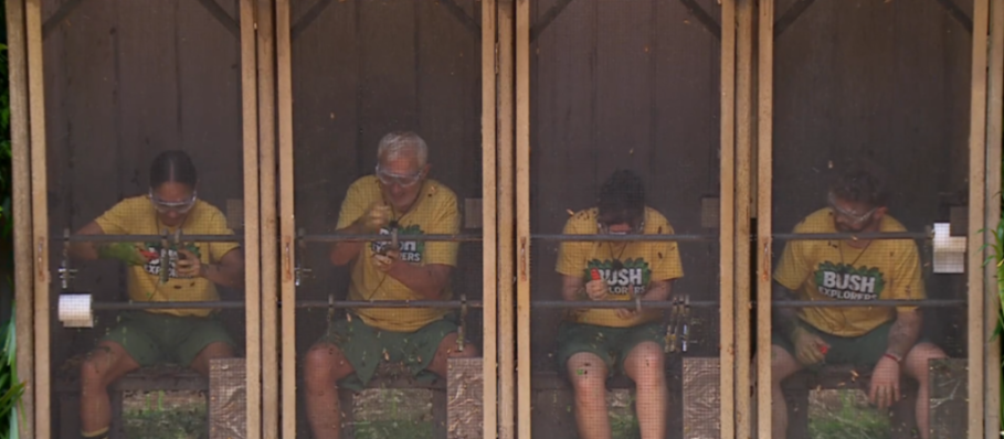 Four people in yellow shirts and green shorts sit inside individual screened wooden enclosures, covered in insects.