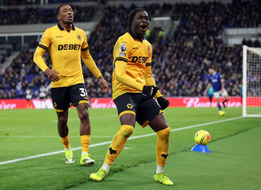 Mateus Cunha of Wolverhampton Wanderers celebrates his team's first goal with teammate Jackson Tchatchoua.
