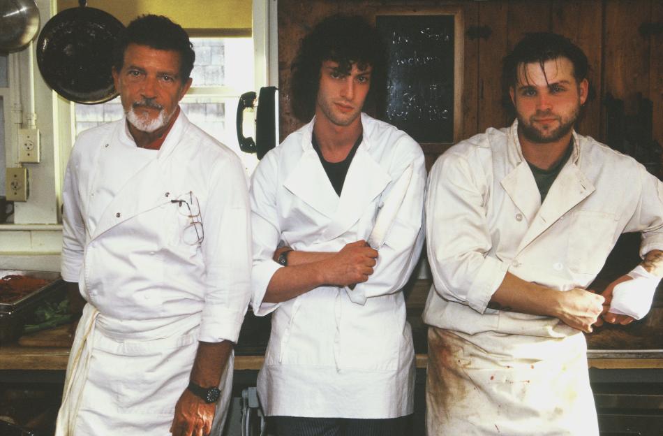 Antonio Banderas as Chef, Dominic Sessa as Anthony Bourdain, and Leo Woodall as Sal in a film still from Tony.